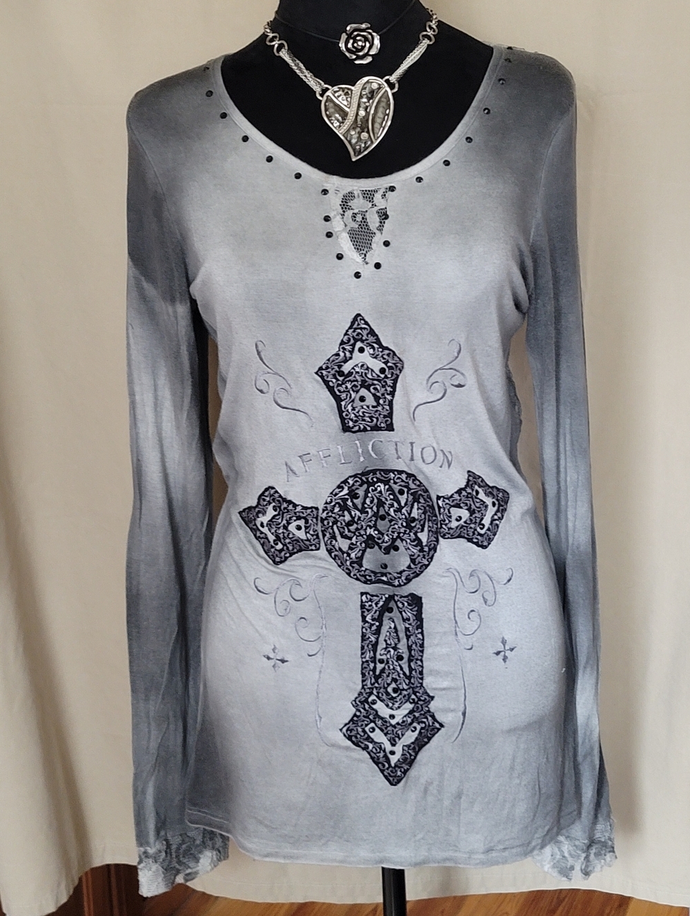 Affliction Gray Ombre Cross-Graphic Long Sleeve Tee
